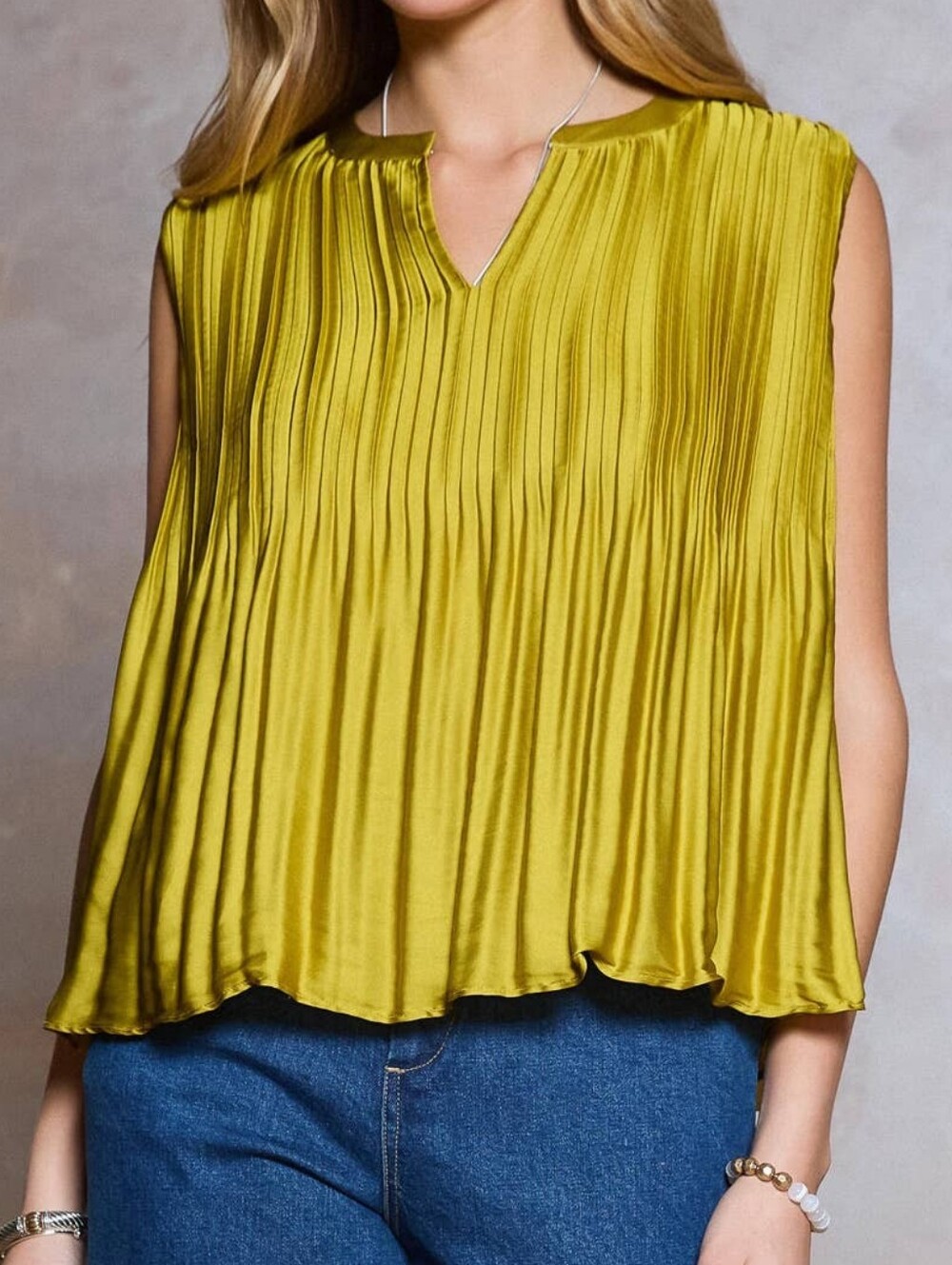 Current Air Pleated V-Neck Sleeveless Top in Chartreuse